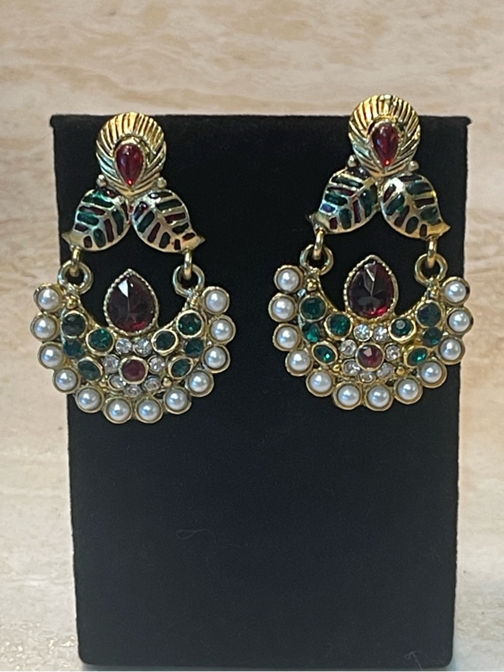 Indian Chandbali Crescent Drop Earrings Pearls Ruby Red Emerald